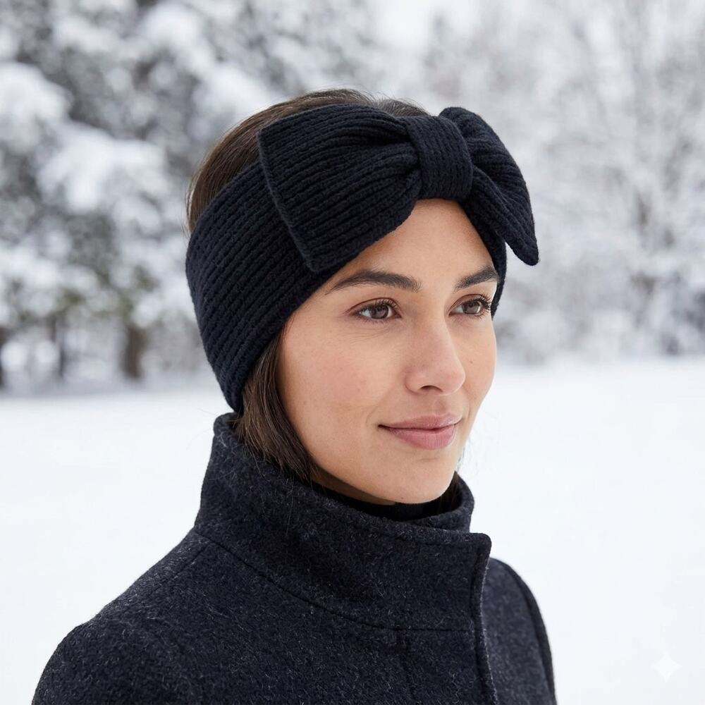 Kate Spade Ear Muffs Black Bow Knit Headband Wool Blend Classy Feminine Cover